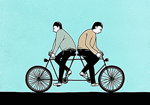 插画,男性,朋友,骑,双人自行车,相对,方向