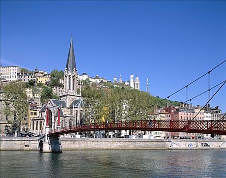 城市天际线,河,里昂,罗纳河谷,法国