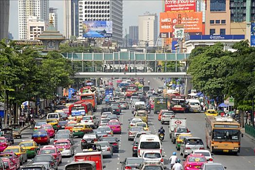 大城市,塞车,汽车,轻型摩托车,正面,彩色,天际线,道路,曼谷,泰国,东南亚