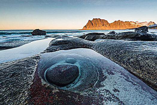 石头,海滩,罗弗敦群岛,挪威,欧洲