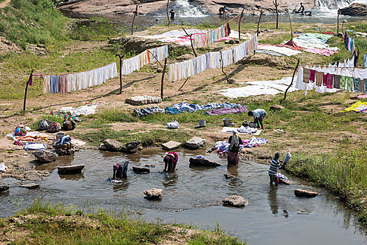 女人,洗,洗衣服,河,地点,靠近,马杜赖,泰米尔纳德邦,印度,亚洲