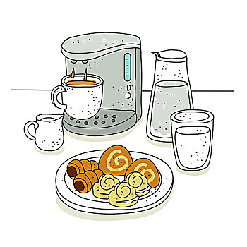 插画,浓缩咖啡机,餐食