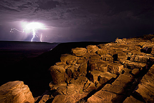 纳米比亚,鱼河大峡谷,国家公园,闪电,乌云,高处,墙壁,夜晚