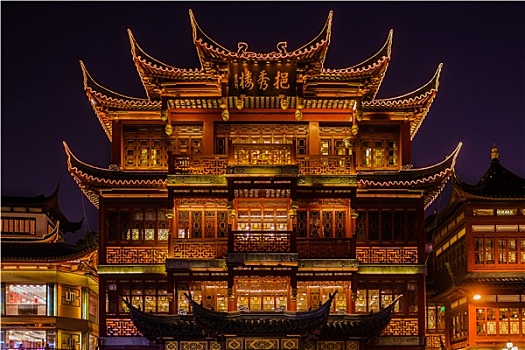 古老,茶馆,尖牙,老城,夜晚,上海