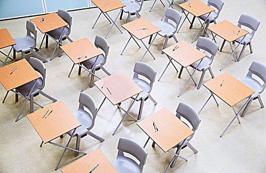 俯视图,排,桌子,椅子,空,教室