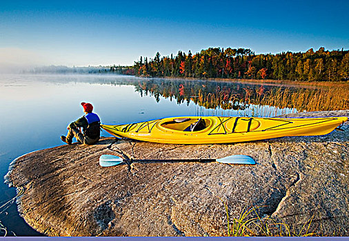 男人,皮筏艇,兔子,湖,靠近,苏人,安大略省,加拿大