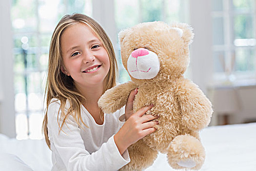 高兴,小女孩,拿着,泰迪熊