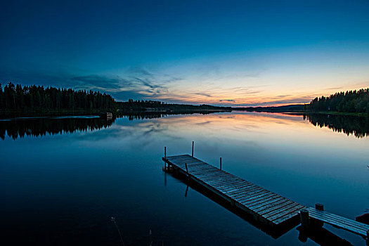 湖,木质,码头,黎明,拉普兰,瑞典