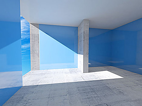 抽象,空房,室内,蓝色,墙,水泥地