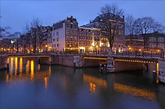 阿姆斯特丹,北荷兰,荷兰,晚间,运河