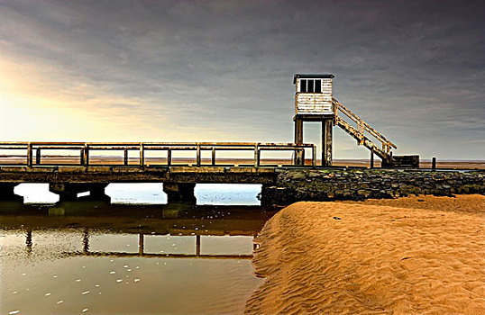 海滩,海岸线,暸望,塔,桥,诺森伯兰郡,英格兰