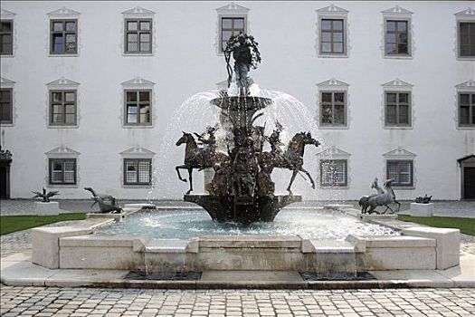 喷泉,院落,城堡,地区,拉文斯堡,巴登符腾堡,德国,欧洲