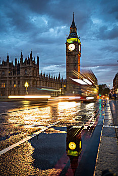 痕迹,亮光,双层巴士,晚上,威斯敏斯特桥,威斯敏斯特宫,议会大厦,大本钟,反射,威斯敏斯特,伦敦,英格兰,英国