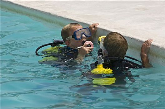 两个,跳水,潜水设备,侧面,水池,富埃特文图拉岛,加纳利群岛,西班牙