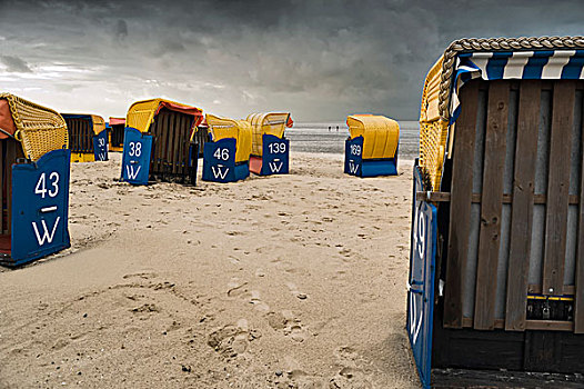 沙滩椅,正面,乌云,海滩,库克斯哈文,下萨克森,德国,欧洲