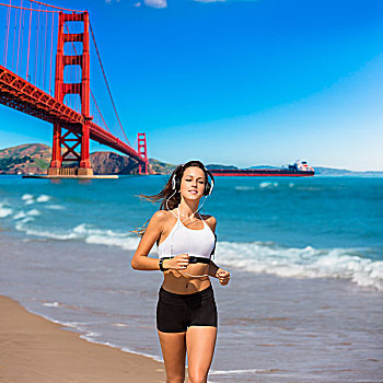 黑发,女孩,跑,海滩,旧金山,金门大桥,照片
