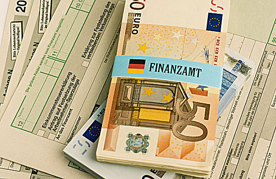一些,欧元,货币,捆绑,标签,德国,税务局,所得税申报表,表格,象征,所得税