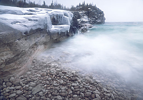 冰冻,石头,岸边,乔治亚湾,冬天,风景,自然风光,布鲁斯半岛,安大略省,加拿大