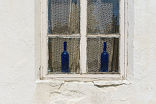 装饰,瓶子,蓝色,玻璃,窗台,渔网,帘,怪异,家装,概念,风景,户外