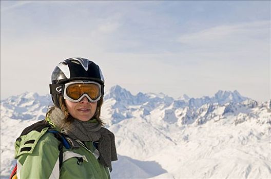 女人,戴着,滑雪,头盔,正面,雪山,瑞士