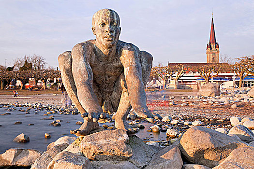 雕塑,站立,靠近,康士坦茨湖,巴登符腾堡,德国,欧洲