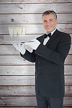 微笑,服务员,拿着,托盘,玻璃,香槟