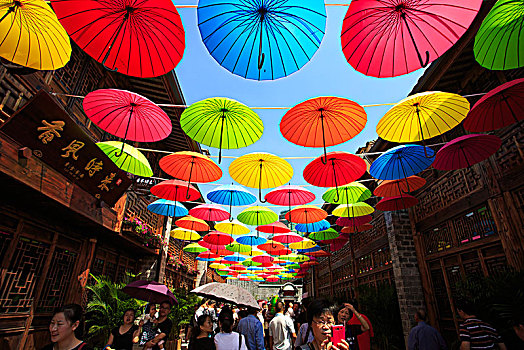 伞,灯笼,五彩,多彩,阳光,老街