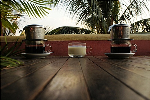 越南,滴下,牛奶咖啡,棕榈树