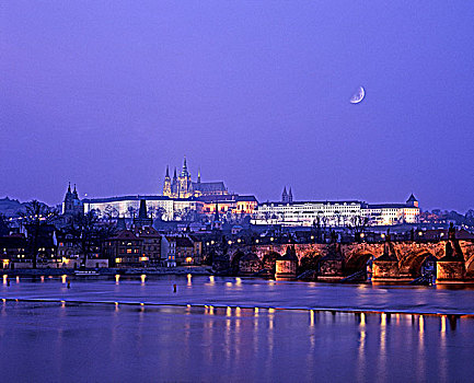 捷克共和国,布拉格,河,查理大桥,宫殿,大教堂,黎明