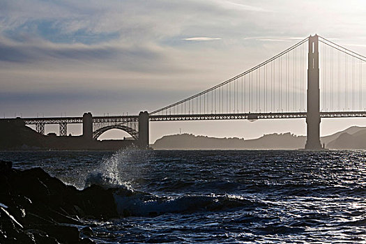 金门大桥,夜晚,溅,波浪,旧金山湾,旧金山,加利福尼亚,美国