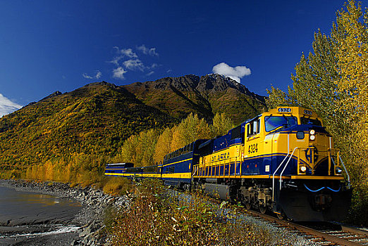 阿拉斯加,铁路,客运列车,特纳甘湾,晴朗,秋天,白天