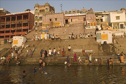 印度人,传统,早晨,清洁,楼梯,河边石梯,瓦腊纳西,贝拿勒斯,北方邦,印度,南亚