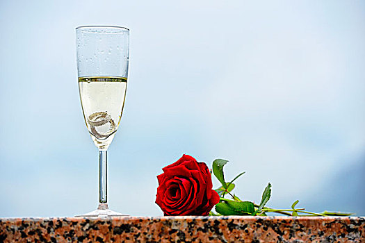 婚戒,红玫瑰,香槟酒杯