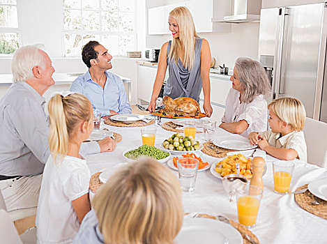 家庭,看,母亲,火鸡,盘子,餐饭