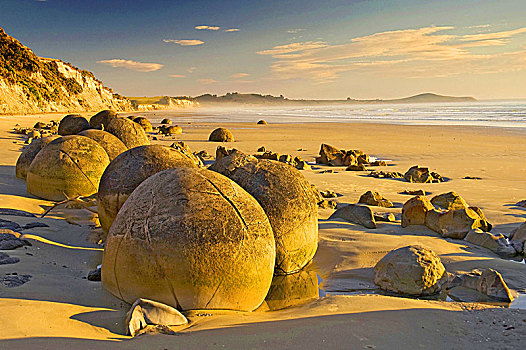 漂石,大,球体,卧,伸展,海滩,奥塔哥,海岸,新西兰