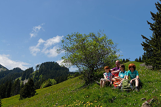 远足,父亲,女儿,儿子,休息,高山,斯瓦比亚,巴伐利亚,德国,欧洲
