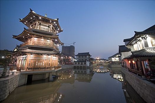 建筑,运河,黄昏,残留,地区,常州,中国