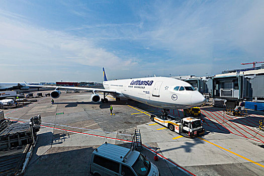 汉莎航空公司,空中客车,a340,大门,法兰克福,黑森州,德国,欧洲