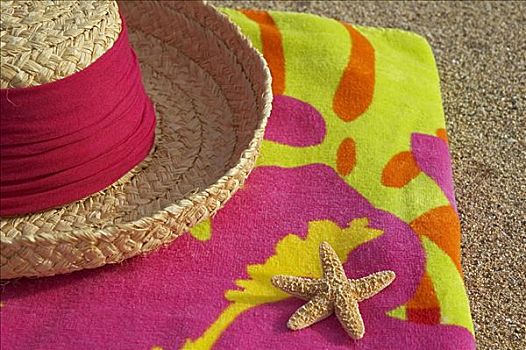 草帽,海星,彩色,毛巾,沙滩