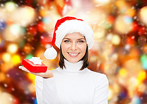 圣诞节,冬天,高兴,休假,人,概念,微笑,女人,圣诞老人,帽子,小,红色,礼盒,上方,背景