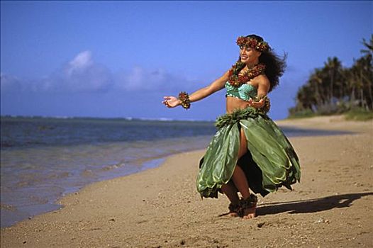 夏威夷,草裙舞,女孩,跳舞,海滩,裙子