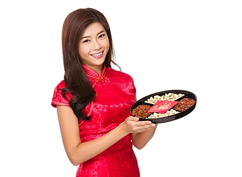 中国人,女人,拿着,传统,餐食,托盘