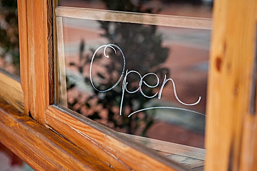 特写,打开,文字,玻璃窗,咖啡馆
