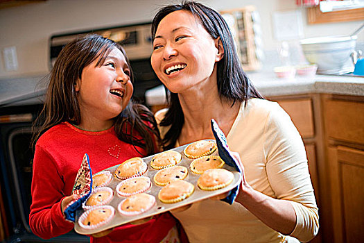 亚洲人,母女,烘制,松糕,厨房,在家