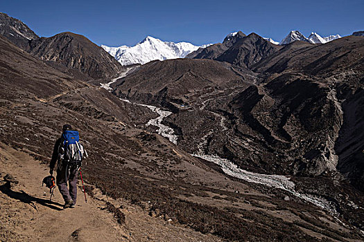 远足,山谷,后面,山,昆布,地区,珠穆朗玛峰,区域,尼泊尔,亚洲