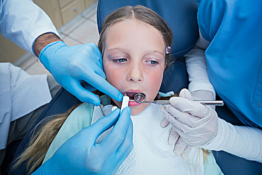 牙医,协助,检查,女孩,牙齿