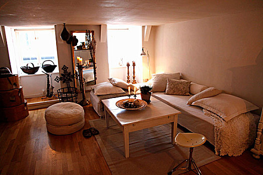 地面,垫子,角,沙发,散落,木质,茶几,简单,室内