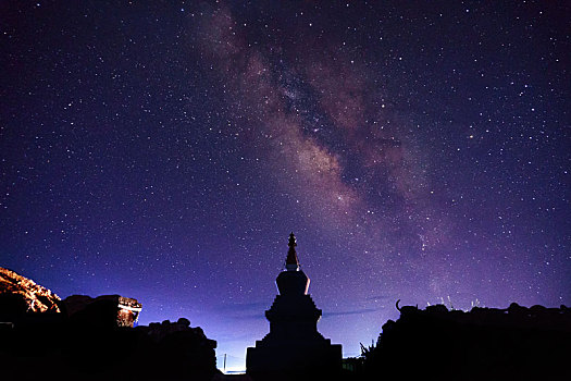 西藏纳木措的星空银河宝塔