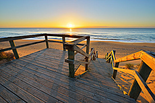 木质,楼梯,海滩,日出,天堂海滩,英里,维多利亚,澳大利亚