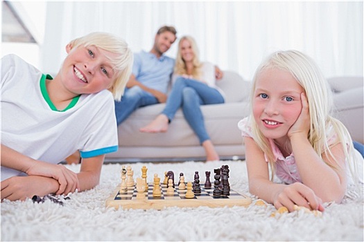 孩子,玩,下棋,正面,父母